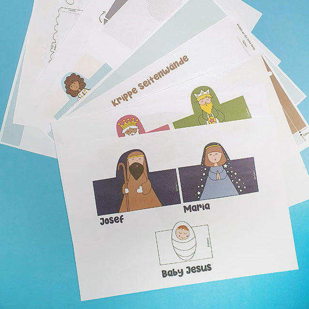 Krippenfiguren zum Ausdrucken für Kinder – Maria, Josef, Jesuskind, Engel und Tiere als Bastelset