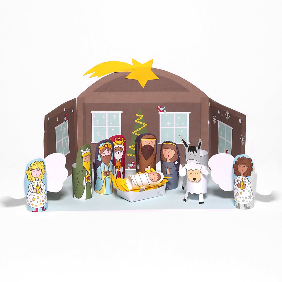 Weihnachtskrippe zum Ausdrucken – Bastelvorlage für Kinder mit Heiligen Familie, Tieren und Engel
