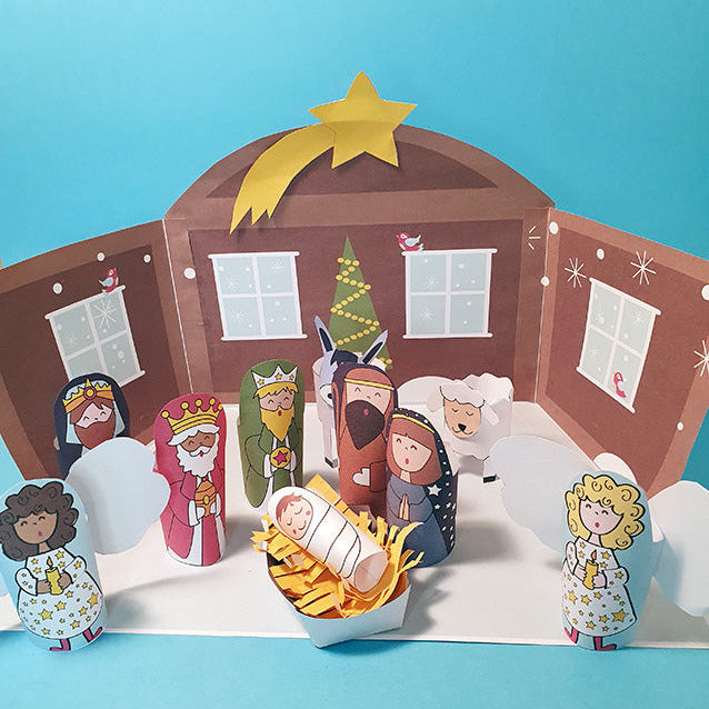 Weihnachtskrippe zum Ausdrucken – Bastelvorlage für Kinder mit Heiligen Familie, Tieren und Engel